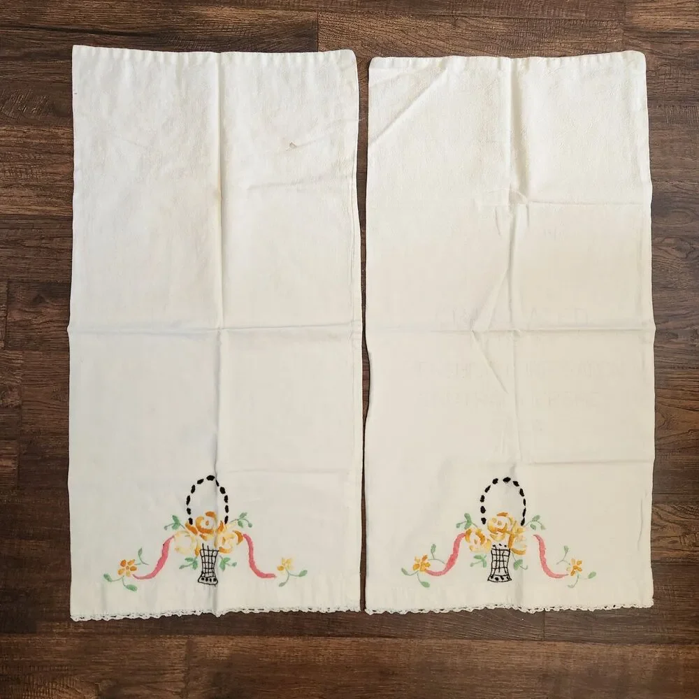 Vintage Pair Hand Embroidered Floral Crocheted Edges Pillowcases Cottagecore